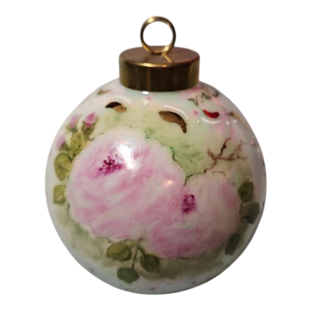 Vintage Victorian Pink Rose Iridescent Pearl Porcelain Christmas Ornament Signed
